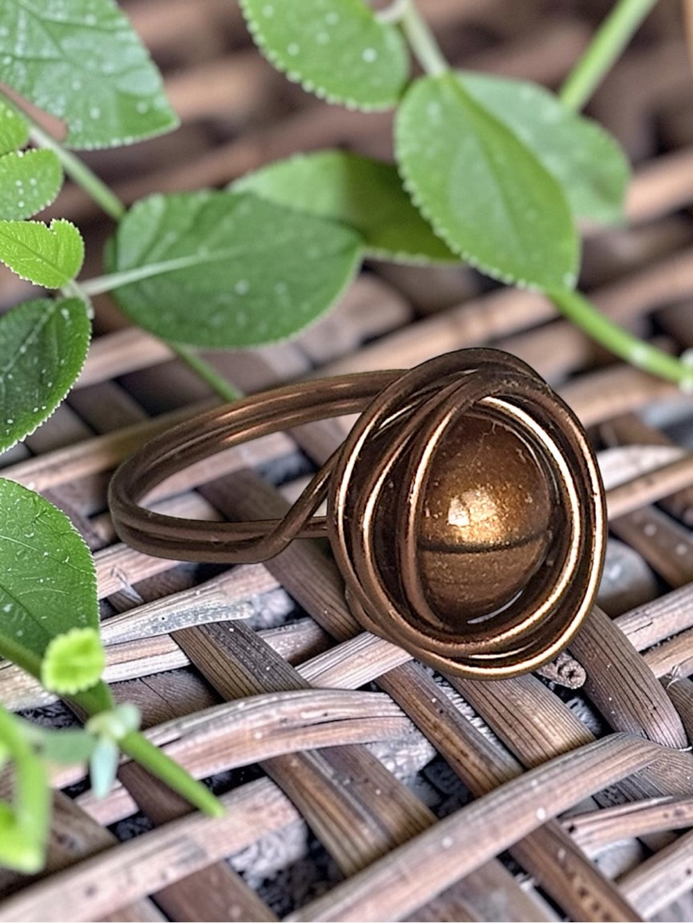 5 For $25💫Handcrafted Bronze Wire Nest Ring With a Brown Acrylic Bead Accent